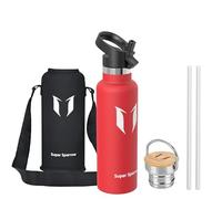 Super Sparrow Water Bottle Stainless Steel - 620ml - Insulated Metal Water Bottles - Standard Mouth Flask - BPA Free - Straw Bottle for Work, Gym, Sports - 2 Lids