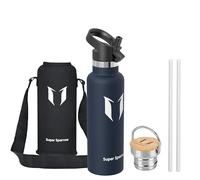 Super Sparrow Water Bottle Stainless Steel - 620ml - Insulated Metal Water Bottles - Standard Mouth Flask - BPA Free - Straw Bottle for Work, Gym, Sports - 2 Lids