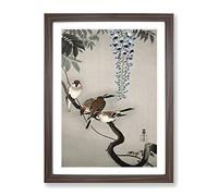 Sparrows At Wisteria By Ohara Koson Framed Wall Art Print A4 Walnut