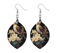 Sparrows Bird Branch Flowers White Yellow Women's Earrings Wooden Pendant Dangle Jewelry Stylish Accessories for Party