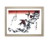 Sparrows On A Bush Clover By Utagawa Hiroshige Asian Japanese Framed Print | A2 Oak Framed Wall Art | Ready to Hang | Asian Floral Picture | Living Room Bedroom Lounge Office