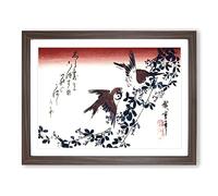 Sparrows On A Bush Clover By Utagawa Hiroshige Asian Japanese Framed Wall Art Print, Ready to Hang Picture for Living Room Bedroom Home Office Décor, Walnut A2 (64 x 46 cm)