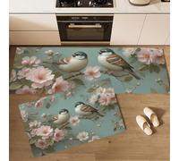 Sparrows Pink Cherry Blossoms Kitchen Rugs Sets of 2 Non Slip Retro Classical Art Kitchens Mats for Floor Washable Kitchen Runner Rug Carpet 40x60cm+40x120cm Standing Mats for Office Home Decor, Green
