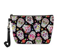 spArt Sugar Skull Cosmetic Pouch Travel Cluth Makeup Bag Pencil Case Purse with Wristlet Hanging Strap