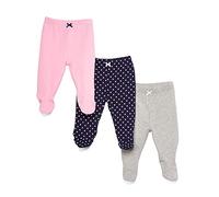 Spasilk Baby Girls 3 Pack Cotton Pull on Footed Pants, Navy Dots, 9 Months