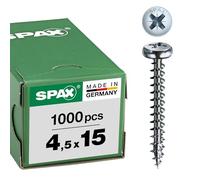 SPAX 0231010450155 Universal Screw, 4.5 x 15 mm, Pack of 1000, Phillips Z2, Half Round Head, Fully Thread, 4CUT, WIROX A3J,