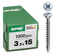 SPAX Universal Screw, 3.5 x 15 mm, Pack of 1000, Phillips Z2, Raised Countersunk Head, Fully Threaded, 4CUT, WIROX A3J, 0241010350155