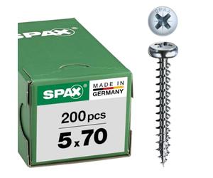 SPAX Universal screw, 5 x 70 mm, 200 pieces, full thread, pan head, cross recess Z2, 4CUT, WIROX - 0231010500705