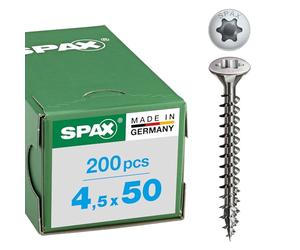 SPAX Universal Screw Stainless Steel A2, 4.5 x 50 mm, Pack of 200, T-Star Plus, countersunk Head, Female Thread, 4Cut, 0627000450503