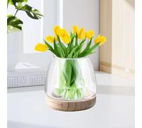 SPEACOUR Glass Flower Vase with Wooden Base, Hydroponic Fish Bowl Cylinder Table Vase Transparent Tulip Vase Terrarium Plants for Orchids, Roses, Pampas Grass, Table Decoration(19.5 x 11cm)