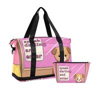 Speak Darling and Enter Cartoon Cute Funny Brown Dog Duffel Bag Overnight Carry On Tote and Luggage with Adjustable Strap for Sports 2 Pcs Set, speak darling and enter Cartoon cute funny brown dog,