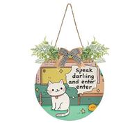 Speak Darling and Enter Cartoon Cute Funny White Cat Decorative wall bathroom door signs modern signs for front door for Spring Summer Fall winter Holiday Halloween Christmas easter decor
