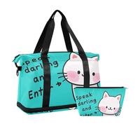 Speak Darling and Enter Cartoon Cute Funny White Cat Duffel Bags Weekender Duffel Bag with Toiletry Bag for Trip Large Capacity, speak darling and enter Cartoon cute funny white cat, One Size