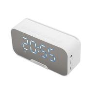 Speaker, mirror clock with temperature display, double alarm, integrated radio, clear voice announcement for bedroom, desk or modern bedside (White)