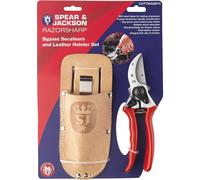 Spear & Jackson Razorsharp Bypass Secateurs and Real Leather Holster Set, Brown
