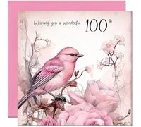Special 100th Pink Birthday Card Ladies - Pink Bird Tree Floral Design Female Birthday Card for 100 Year old nan gran hundredth hundred