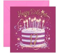 Special 17th Birthday Card for Her - Seventeen Years Old Bday Greeting Cards - Fuscia Pink and Gold Cake Artwork for Girls and Women - Stylish and Traditional Female Style - Blank Inside