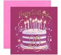 Special 20th Birthday Card for Her - Twenty Years Old Bday Greeting Cards - Fuscia Pink and Gold Cake Artwork for Girls and Women - Stylish and Traditional Female Style - Blank Inside