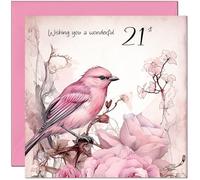 Special 21st Pink Birthday Card Ladies - Pink Bird Tree Floral Design Female Birthday Card for 21 Year old woman twenty one, twenty first
