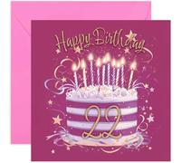 Special 22nd Birthday Card for Her - Twenty Two Years Old Bday Greeting Cards - Fuscia Pink and Gold Cake Artwork for Girls and Women - Stylish and Traditional Female Style - Blank Inside
