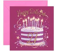Special 27th Birthday Card for Her - Twenty Seven Years Old Bday Greeting Cards - Fuscia Pink and Gold Cake Artwork for Girls and Women - Stylish and Traditional Female Style - Blank Inside