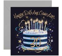 Special 30th Birthday Card for Grandson - Thirty Years Old Birthday Greeting Cards - Navy Blue and Gold Birthday Cake Artwork Birthday Cards for Men - Stylish and Traditional Design