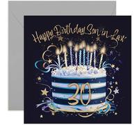 Special 30th Birthday Card for Son in Law - Thirty Years Old Birthday Greeting Cards - Navy Blue and Gold Birthday Cake Artwork Birthday Cards for Men - Stylish and Traditional Design