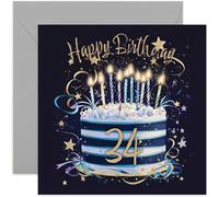 Special 34th Birthday Card for Him - Thirty Four Years Old Bday Greeting Cards - Navy Blue and Gold Cake Artwork for Boys and Men - Stylish and Traditional Male Style - Blank Inside