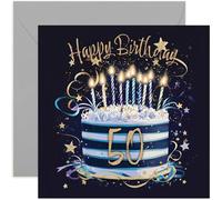 Special 50th Birthday Card for Him - Fifty Years Old Birthday Greeting Cards - Navy Blue and Gold Birthday Cake Artwork Birthday Cards for Men - Stylish and Traditional Male Birthday Cards