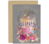 Special 50th Birthday Card for Sister - Age Fifty Female Birthday Card - Pink Birthday Cake Sparkles and Butterflies Card - 5x7 Card, Blank Inside With Envelope