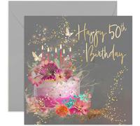 Special 50th Birthday Card for Women - Fifty Female Birthday Card - Pink Birthday Cake Sparkles and Butterflies Card - For Sister, Mum, Friend, Aunt | Blank Inside