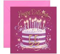 Special 55th Birthday Card for Her - Fifty Five Years Old Bday Greeting Cards - Fuscia Pink and Gold Cake Artwork for Girls and Women - Stylish and Traditional Female Style - Blank Inside