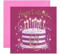 Special 69th Birthday Card for Her - Sixty Nine Years Old Bday Greeting Cards - Fuscia Pink and Gold Cake Artwork for Girls and Women - Stylish and Traditional Female Style - Blank Inside