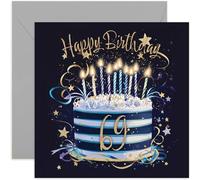 Special 69th Birthday Card for Him - Sixty Nine Years Old Birthday Greeting Cards - Navy Blue and Gold Birthday Cake Artwork Birthday Cards for Men - Stylish and Traditional Male Birthday Cards