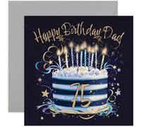 Special 75th Birthday Card for Dad - Seventy Five Years Old Birthday Greeting Cards - Navy Blue and Gold Birthday Cake Artwork Birthday Cards for Men - Stylish and Traditional Design