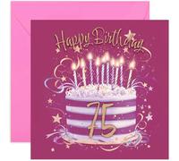 Special 75th Birthday Card for Her - Seventy Five Years Old Bday Greeting Cards - Fuscia Pink and Gold Cake Artwork for Girls and Women - Stylish and Traditional Female Style - Blank Inside