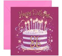 Special 86th Birthday Card for Her - Eighty Six Years Old Bday Greeting Cards - Fuscia Pink and Gold Cake Artwork for Girls and Women - Stylish and Traditional Female Style - Blank Inside