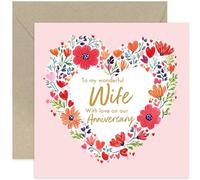 Special Anniversary Cards for Wife - Beautiful Heart Illustration with Colourful Flower Border - Charming Artwork - 1st 2nd 3rd 4th 5ht 6th 7th 8th Anniversary Card for Her
