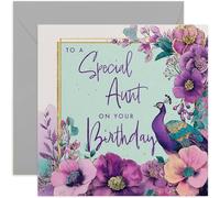 Special Aunt Birthday Card, Beautiful Peacock and Floral Design, Square Card, Blank Inside with Envelope