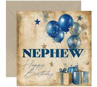 Special Birthday Cards for Nephew, Stylish Gifts for Him, Navy Blue Balloons and Wrapped Presents Design, Premium Male Celebration Card for Men - Blank Inside