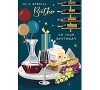 Special Brother Birthday Card, Wine & Cheese Design, Gold Foil Finish
