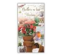 Special Brother-in-Law Christmas Card - Robin on Snowy Plant Pot with a Foil and Flitter Finish - by ICG