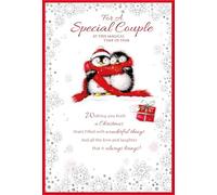 Special Couple Christmas Card Penguins in Red Scarf Silver Glitter Red Foil 9x6"