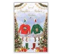 Special Daughter and her Partner Christmas Card - Christmas Jumpers and Trees Embossed with Foil and Flitter Details - By ICG