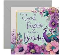 Special Daughter Birthday Card, Beautiful Peacock and Floral Design, Square Card, Blank Inside with Envelope