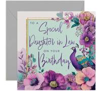 Special Daughter in Law Birthday Card, Beautiful Peacock and Floral Design, Square Card, Blank Inside with Envelope