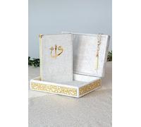 Special Elegant Velvet Covered Decorative Box, Velvet Covered Quran Book in Arabic and Prayer Beads, Islamic Decorations for Home, Muslim Home & Table Decor, Perfect Islamic Ramadan Eid Gifts, White