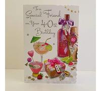 Special Friend 40th Birthday Card - Age 40 - Cocktail and Present with Silver Foiling and Flitter Detailing - by Jonny Javelin