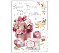 Special Friend 70th Birthday Card - Age 70 Pink Flower Box with Cocktail and Silver Foil 9x6.25