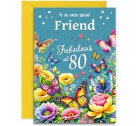 Special Friend 80th Birthday Card - Happy Birthday - Fabulous at 80 - Pretty Flowers and Butterflies - A5 Size Card with Yellow Envelope